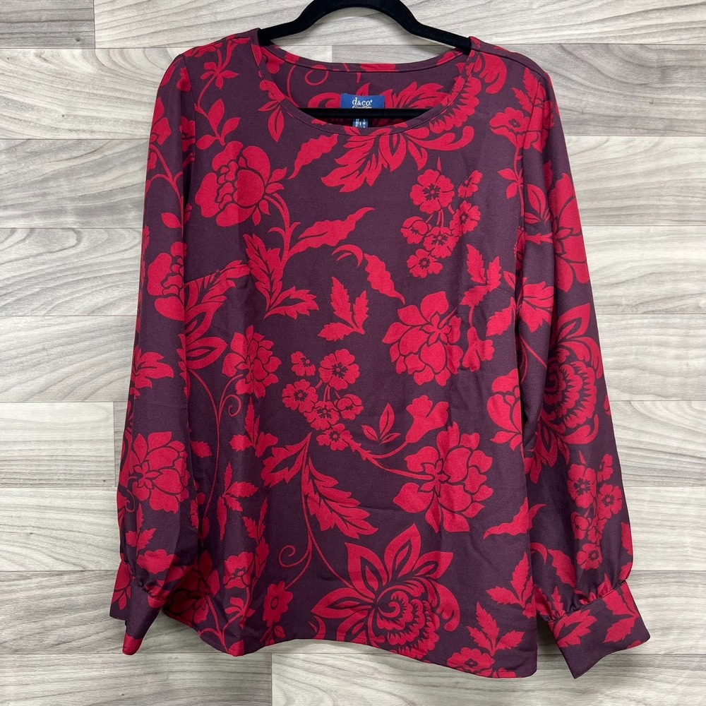 D‎ & Co. Signature Tunic Top Women's M Red Floral Long Sleeve Round Neck Boho
